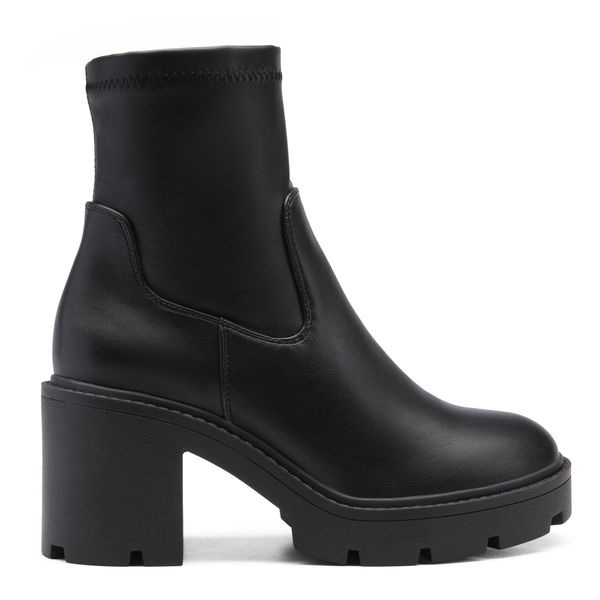 Elastic Chunky Heel Lug Sole Booties - BLACK PU - 2
